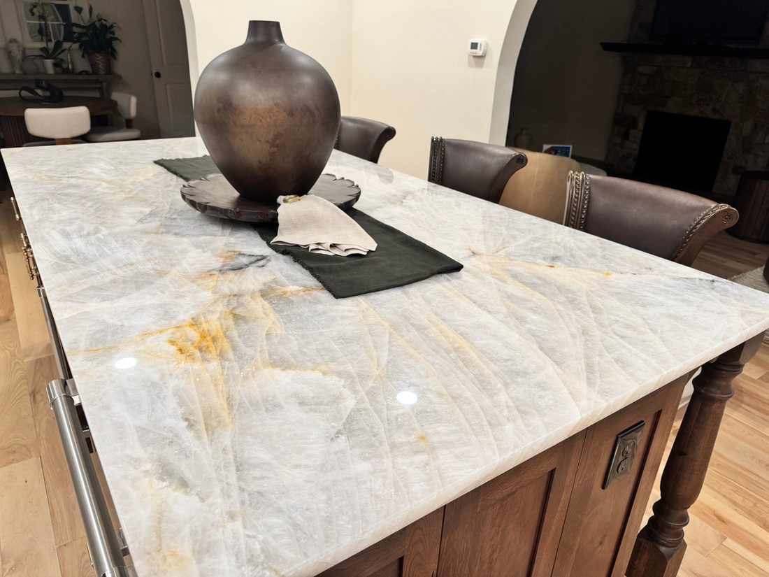 Kitchen countertop project by Pistritto Marble — gold-veined quartzite island, close view