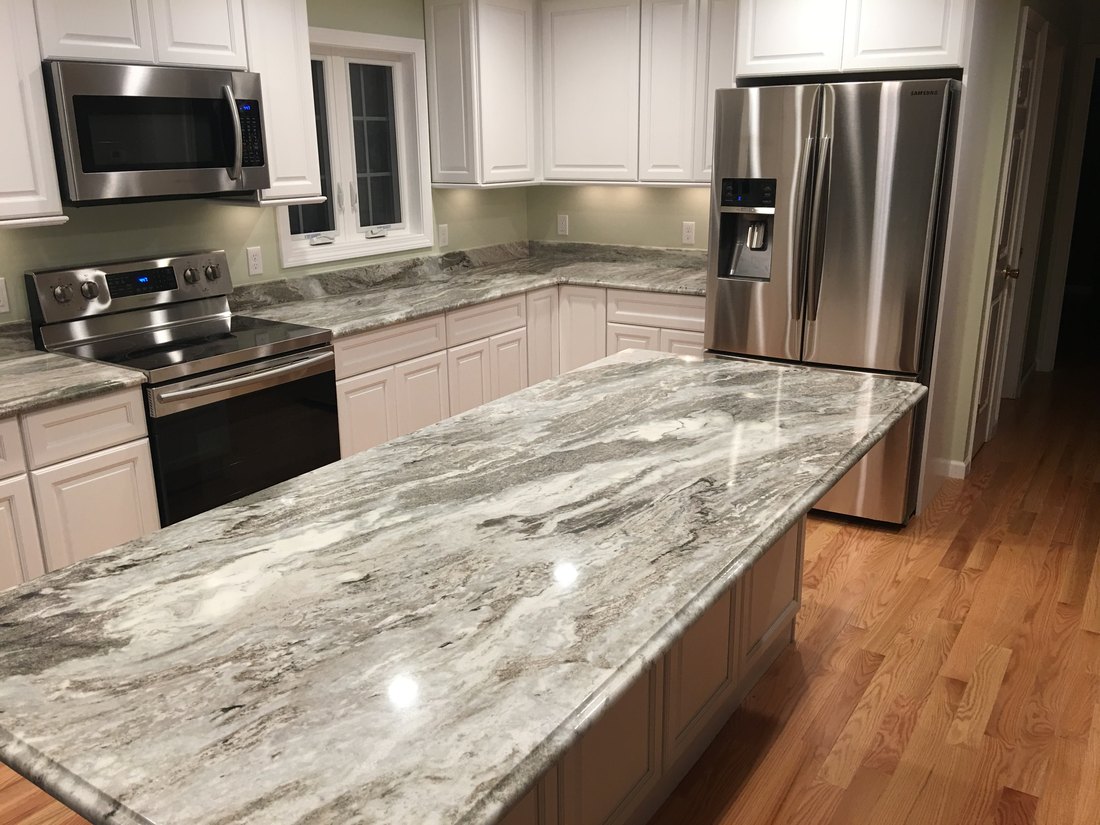 Kitchen countertop project by Pistritto Marble — long island in grey and white veined stone