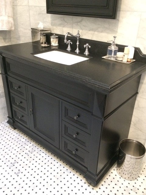 Bath project by Pistritto Marble — dark stone double vanity