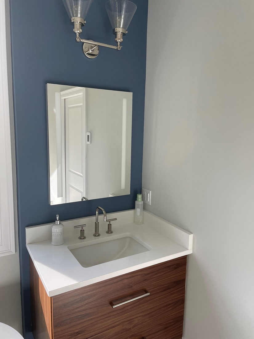 Bath project by Pistritto Marble — floating vanity with white stone top