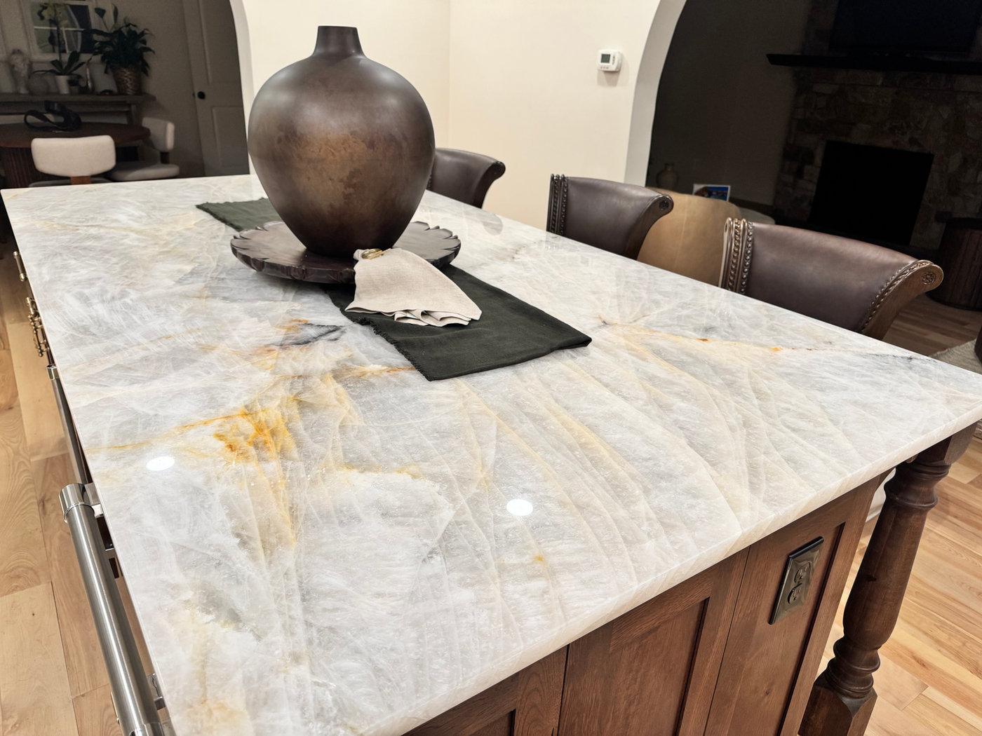 Close view of a gold-veined quartzite island top
